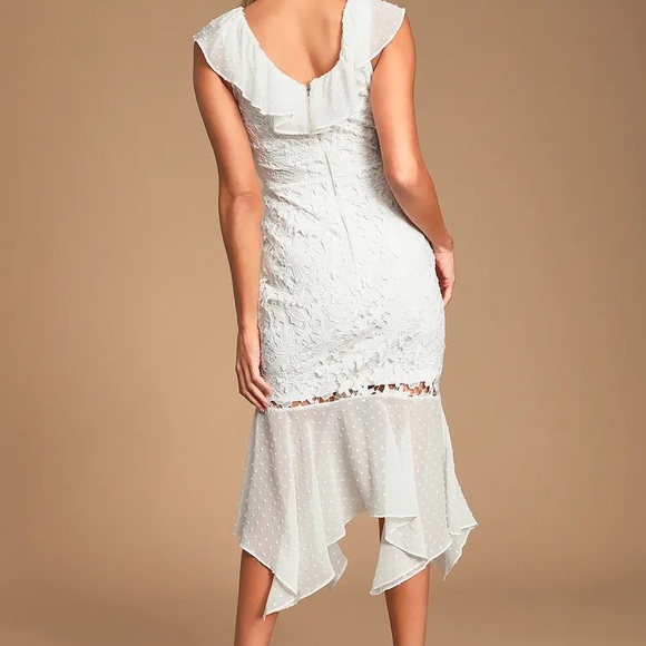 White Lace Midi Dress with Ruffled Trim and Neckline NWOT - Picture 4 of 10